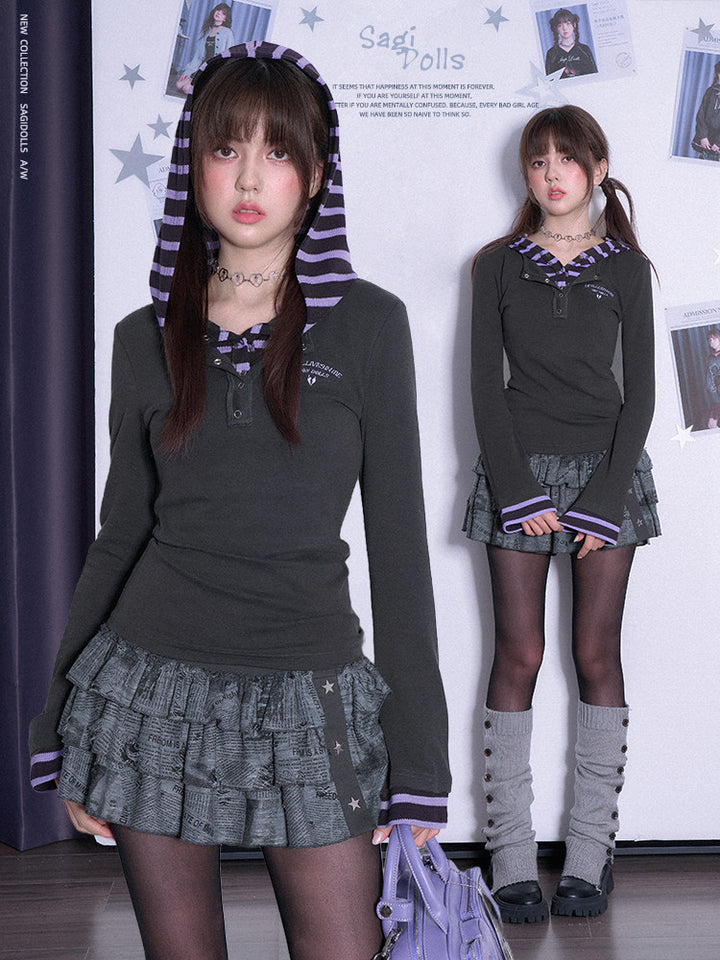 Striped Layered Hooded Henley Top