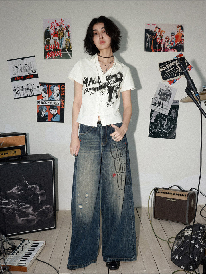Manga Guitar Graphic Ruffle Shirt