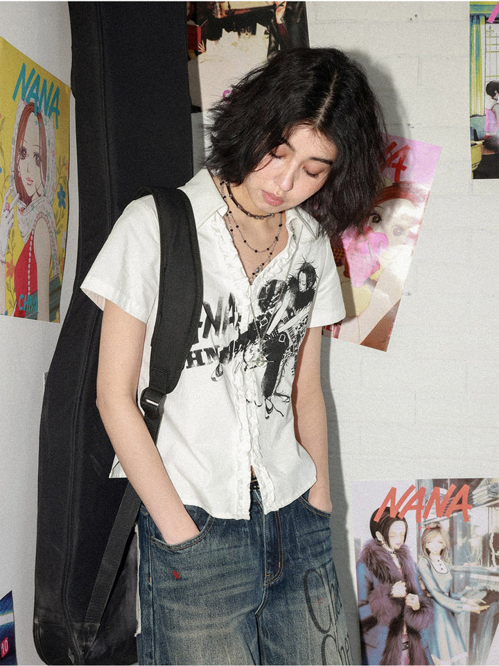 Manga Guitar Graphic Ruffle Shirt