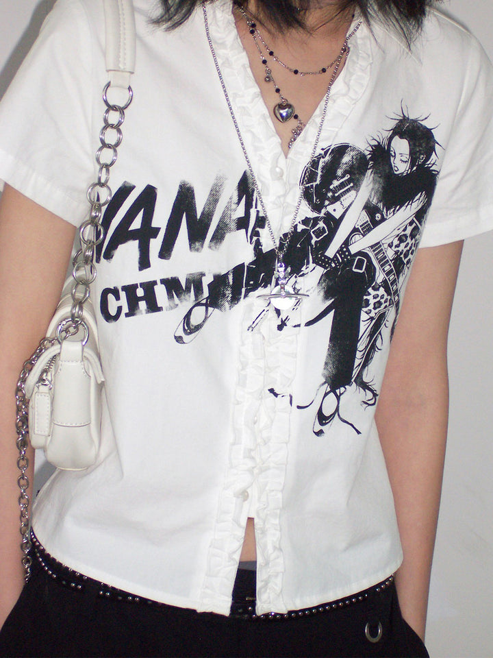 Manga Guitar Graphic Ruffle Shirt