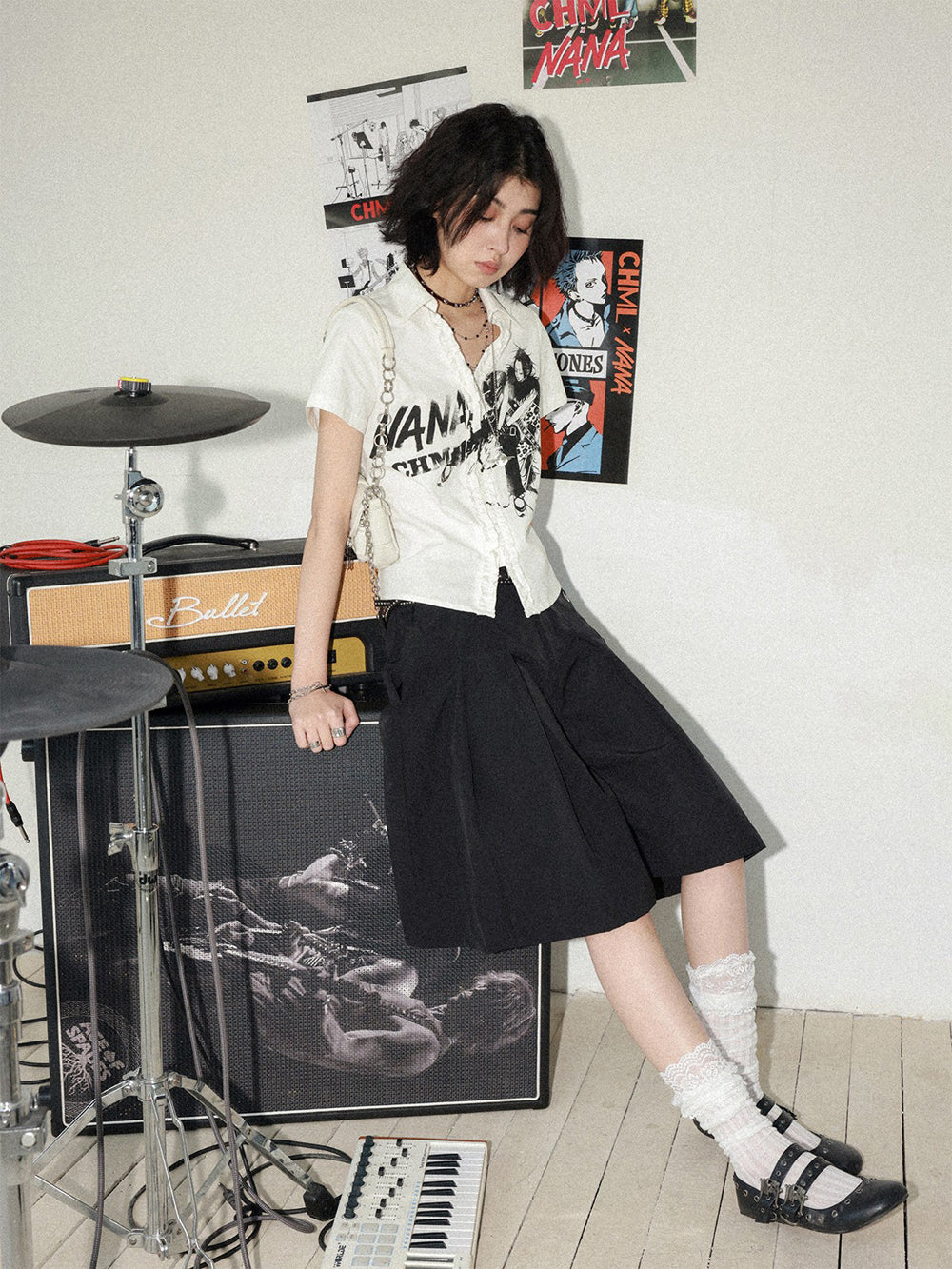 Manga Guitar Graphic Ruffle Shirt