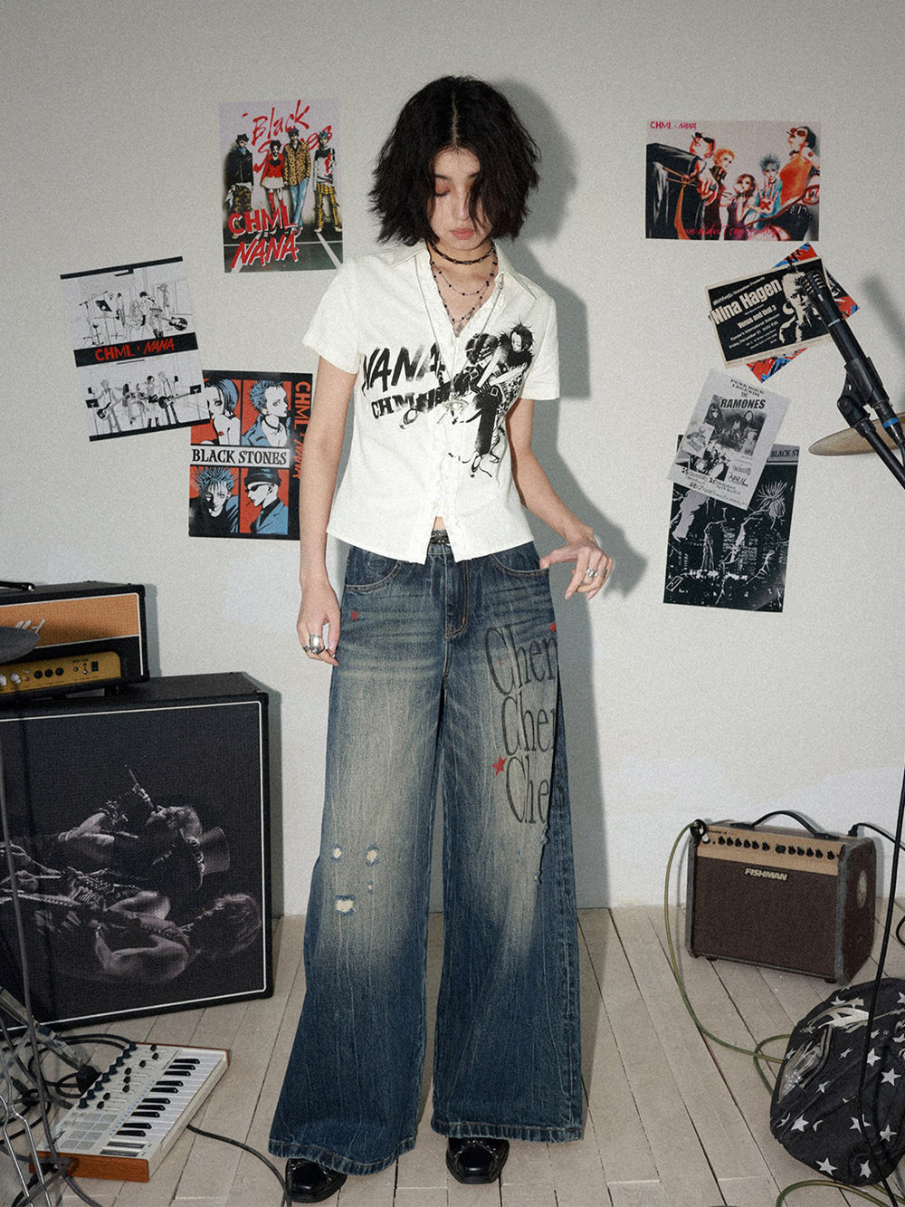 Manga Guitar Graphic Ruffle Shirt