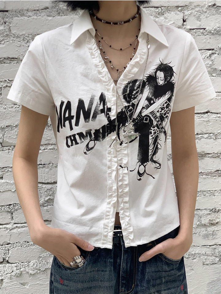 Manga Guitar Graphic Ruffle Shirt