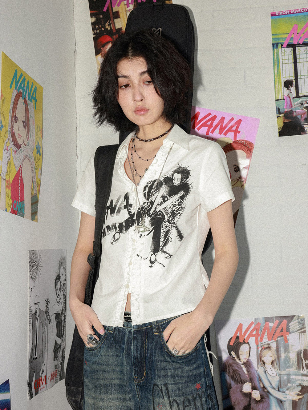 Manga Guitar Graphic Ruffle Shirt