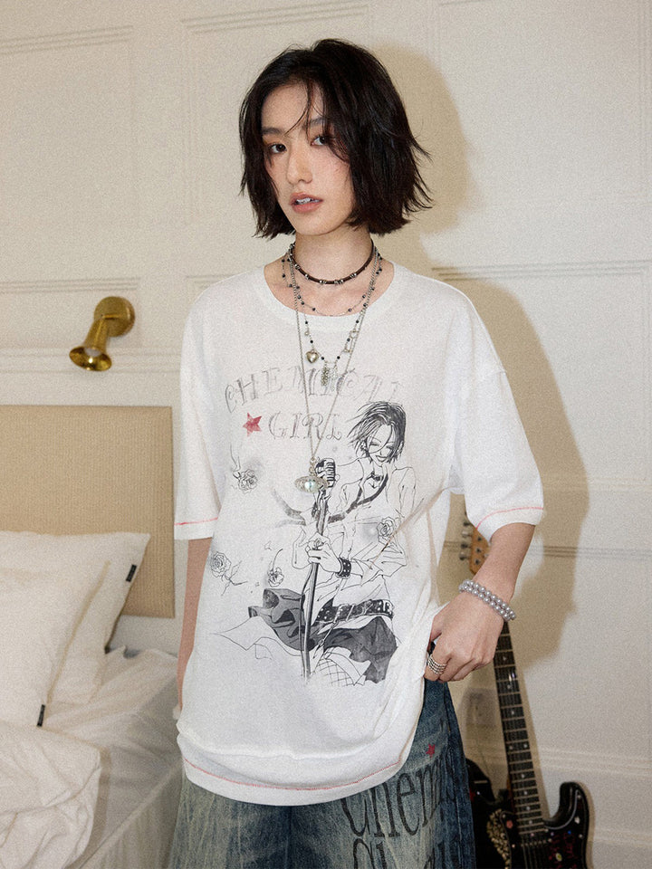 Rock Singer Rose Graphic Oversized T-Shirt