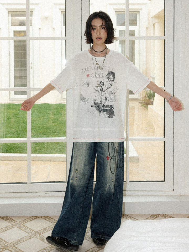 Rock Singer Rose Graphic Oversized T-Shirt