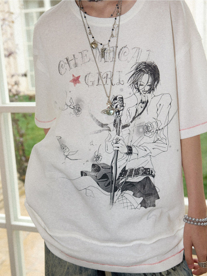 Rock Singer Rose Graphic Oversized T-Shirt