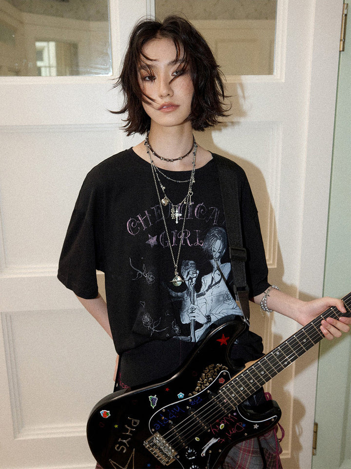 Rock Singer Rose Graphic Oversized T-Shirt