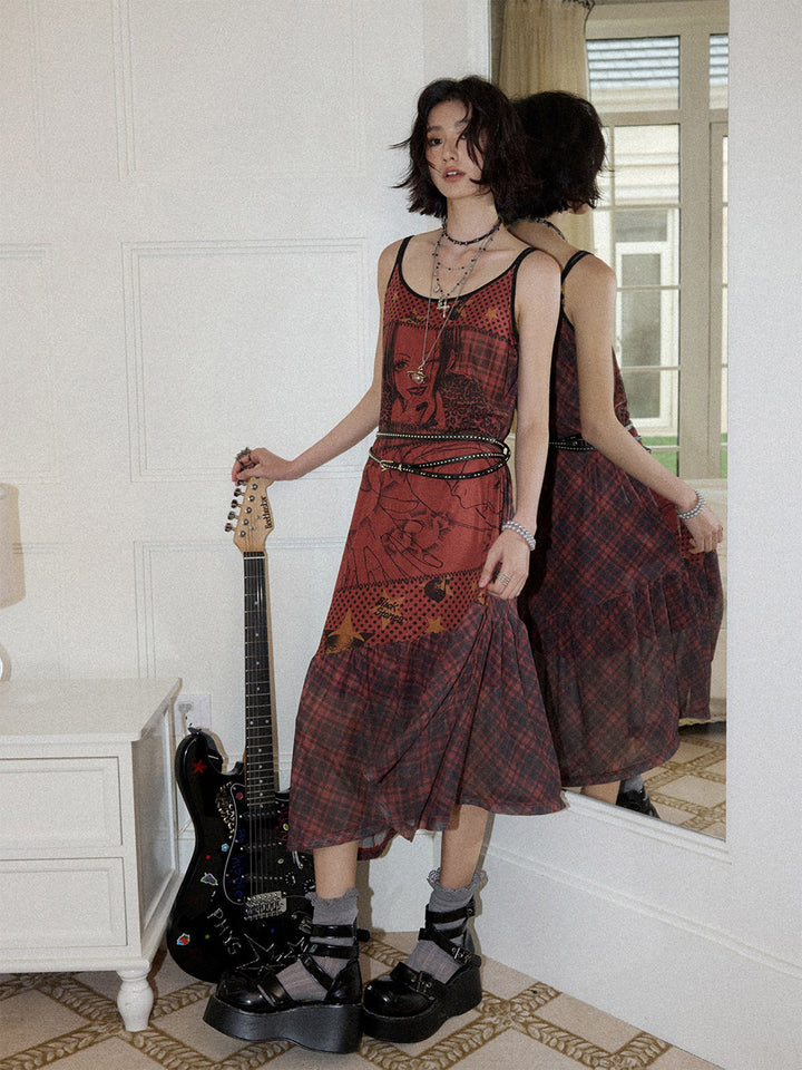 Manga Graphic Plaid Cami Midi Dress