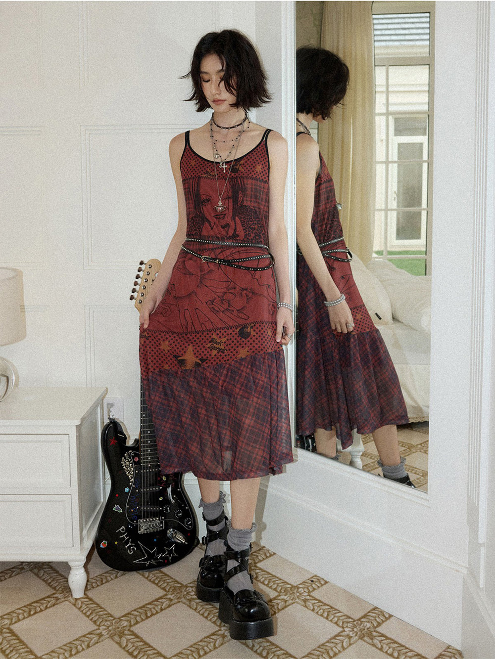 Manga Graphic Plaid Cami Midi Dress