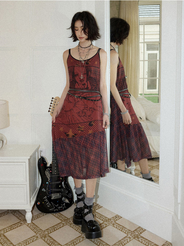 Manga Graphic Plaid Cami Midi Dress