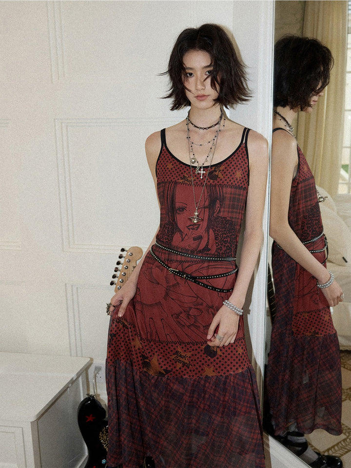 Manga Graphic Plaid Cami Midi Dress