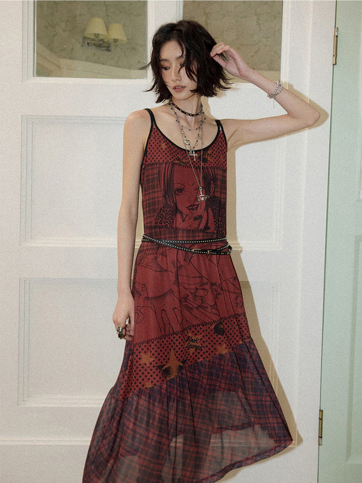 Manga Graphic Plaid Cami Midi Dress