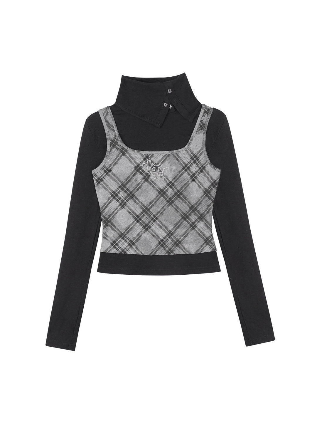 Plaid Faux Layer High Neck Top