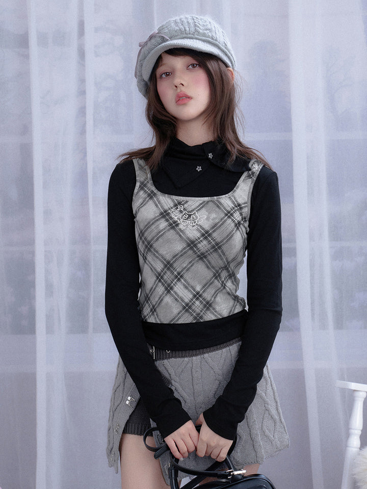Plaid Faux Layer High Neck Top