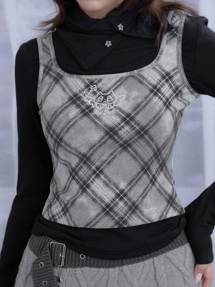 Plaid Faux Layer High Neck Top