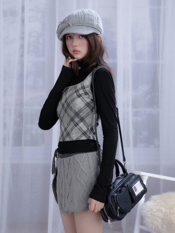 Plaid Faux Layer High Neck Top