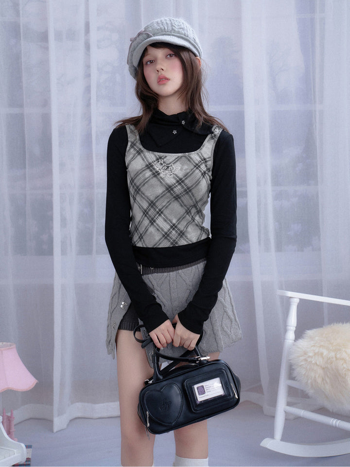 Plaid Faux Layer High Neck Top