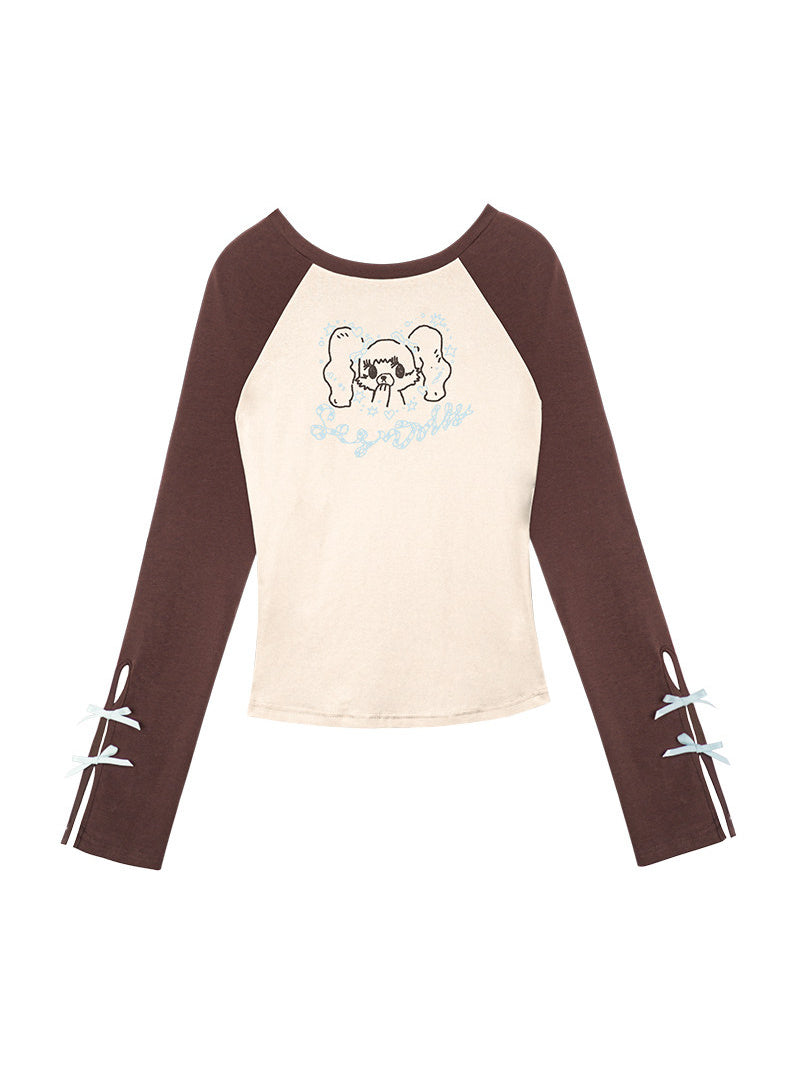 Cartoon Girl Bow Sleeve Raglan Top