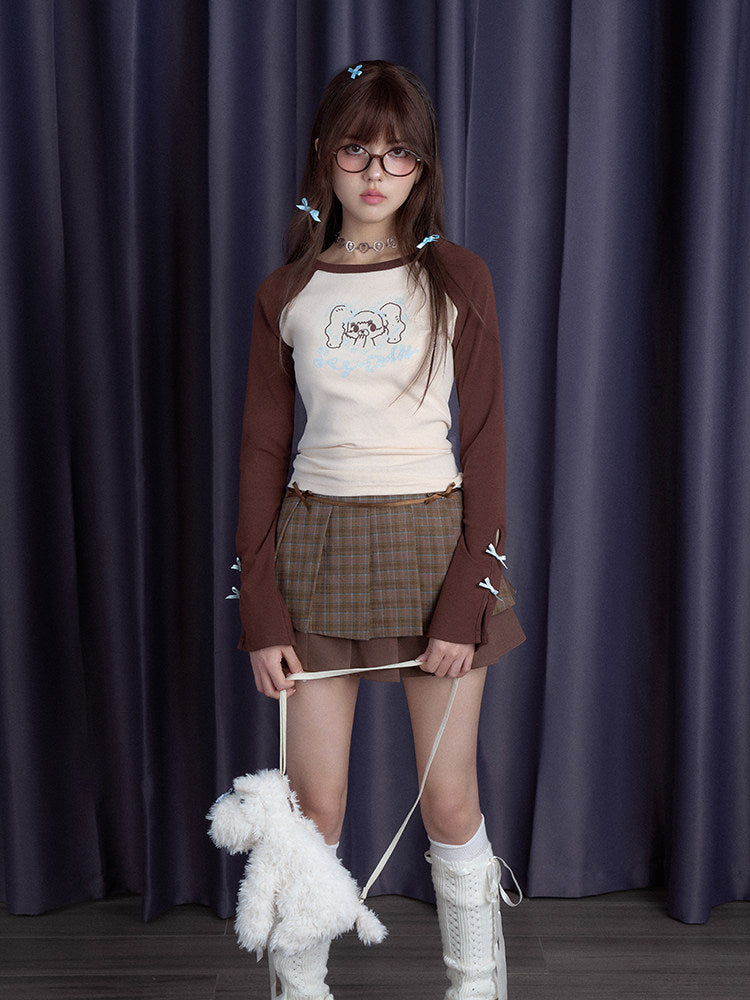 Cartoon Girl Bow Sleeve Raglan Top