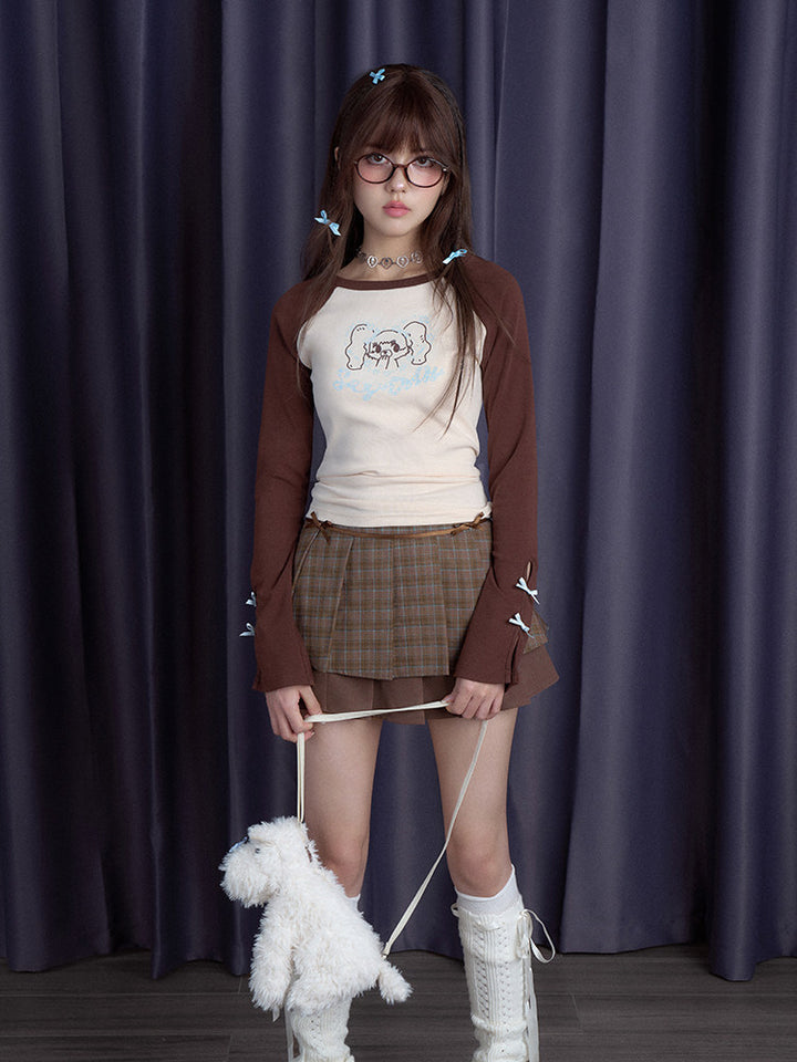 Cartoon Girl Bow Sleeve Raglan Top