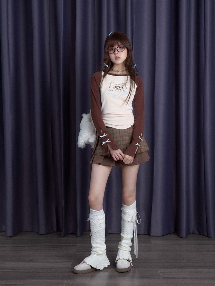 Cartoon Girl Bow Sleeve Raglan Top