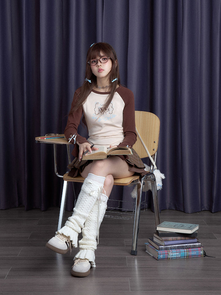 Cartoon Girl Bow Sleeve Raglan Top