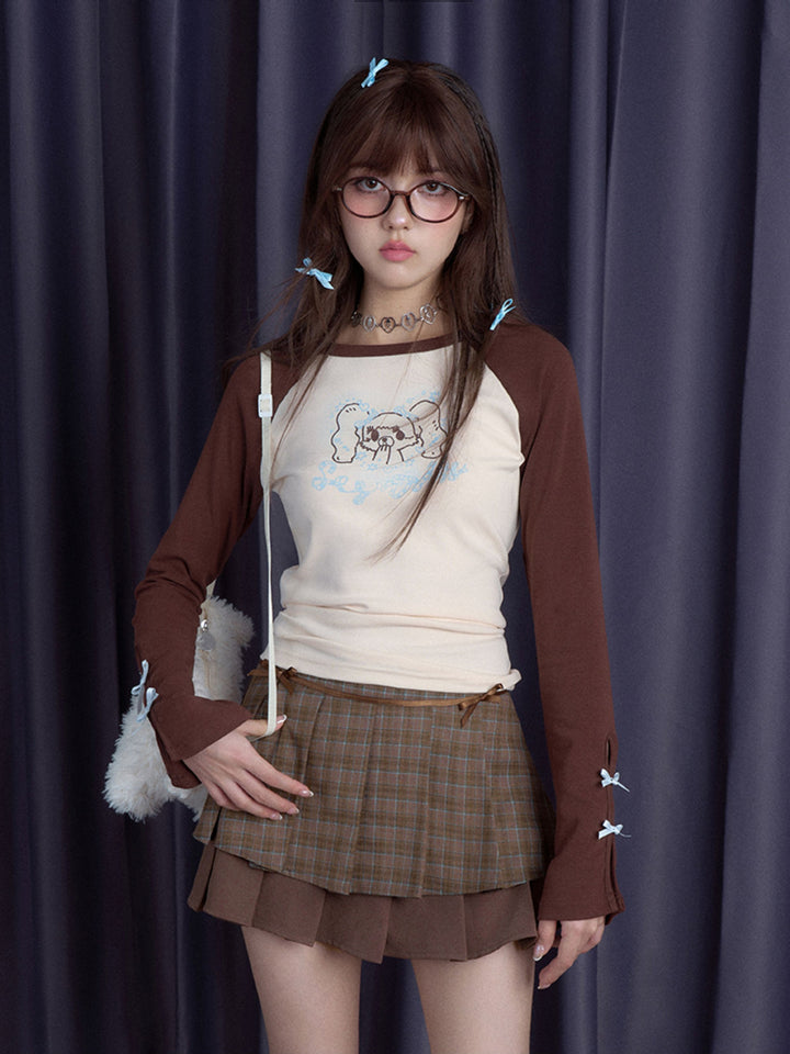 Cartoon Girl Bow Sleeve Raglan Top