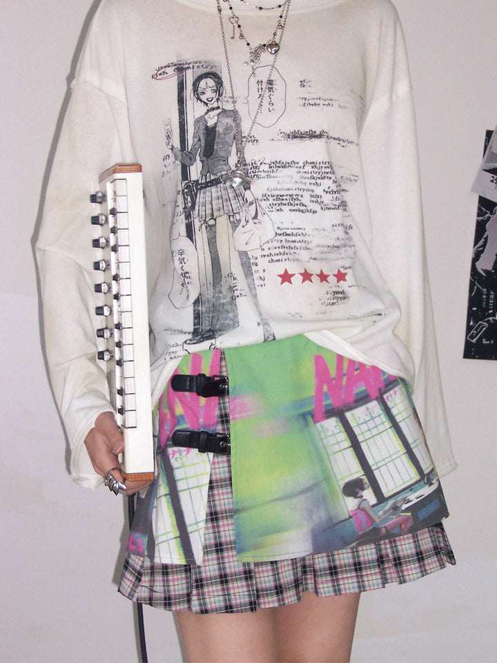 Manga Graphic Buckle Pleated Mini Skirt