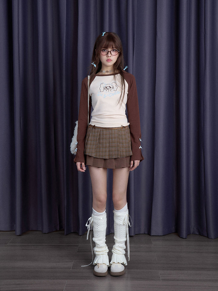 Cartoon Girl Bow Sleeve Raglan Top