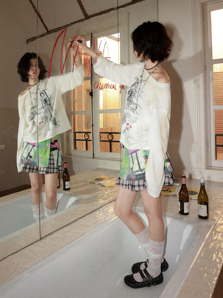 Manga Graphic Buckle Pleated Mini Skirt