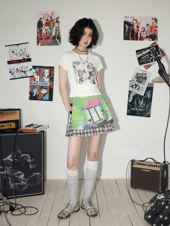Manga Graphic Buckle Pleated Mini Skirt