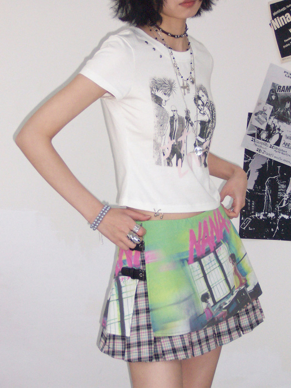 Manga Graphic Buckle Pleated Mini Skirt