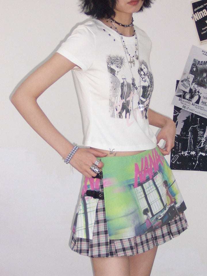 Manga Graphic Buckle Pleated Mini Skirt