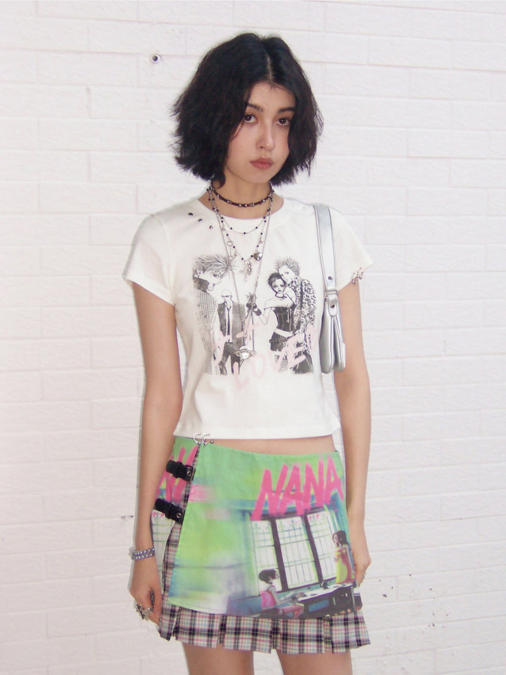 Manga Graphic Buckle Pleated Mini Skirt