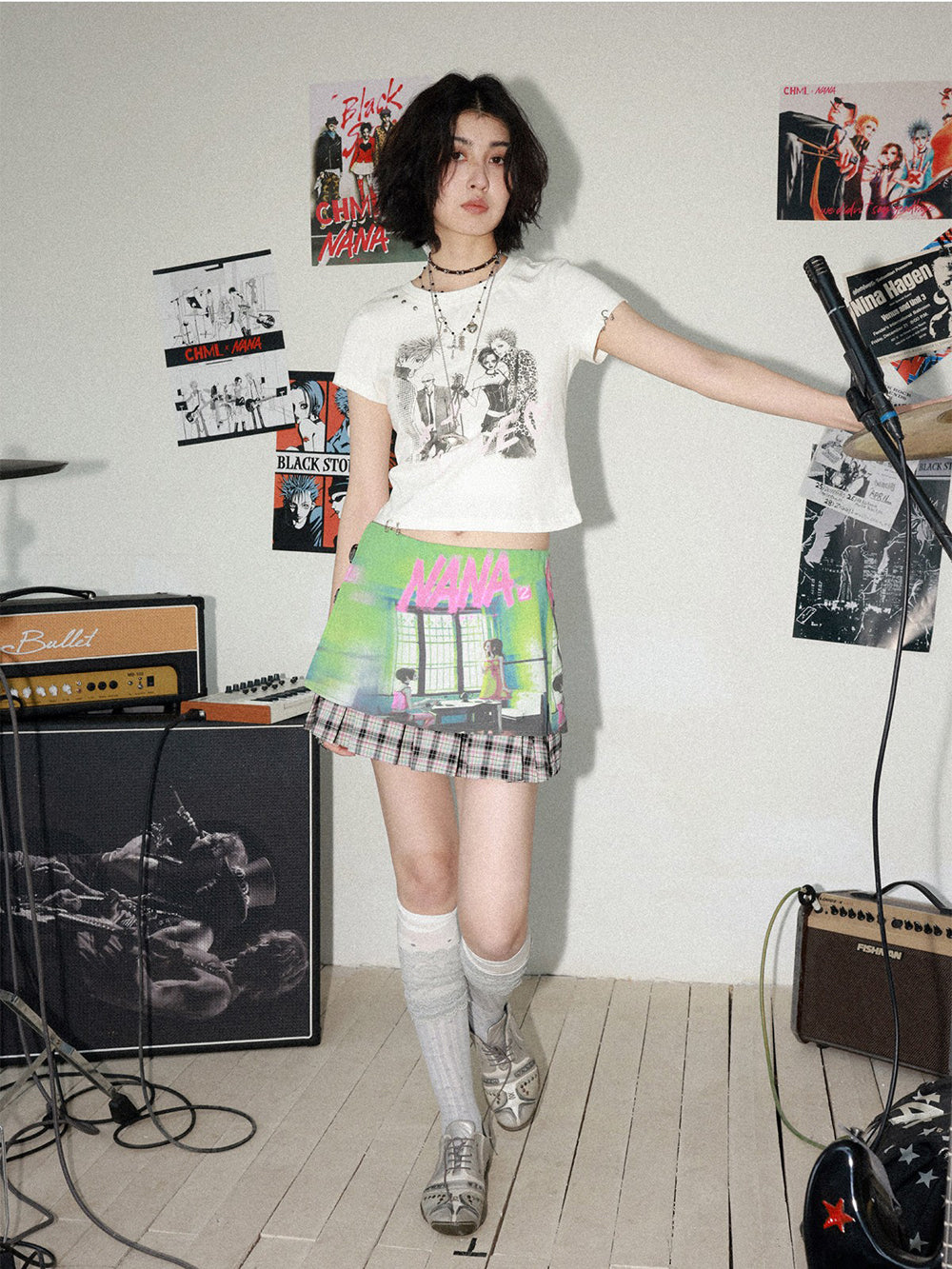 Manga Graphic Buckle Pleated Mini Skirt
