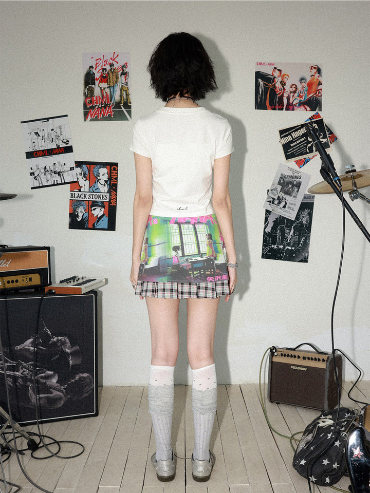 Manga Graphic Buckle Pleated Mini Skirt