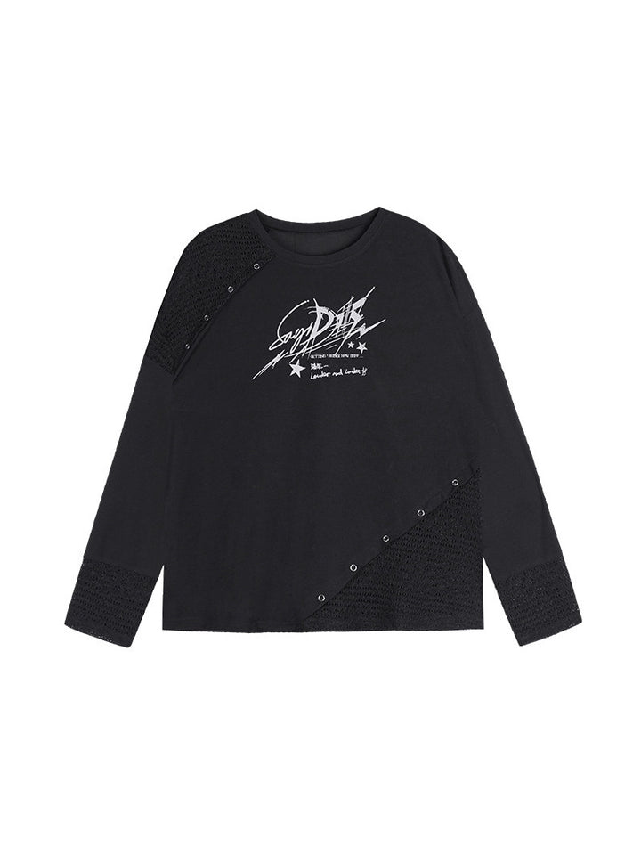 Graphic Open-Knit Panel Long Sleeve Top
