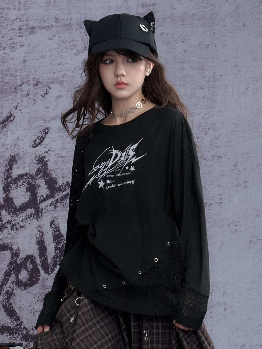 Graphic Open-Knit Panel Long Sleeve Top
