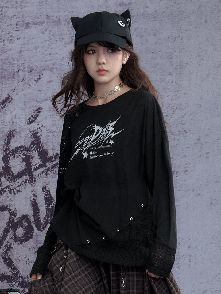 Graphic Open-Knit Panel Long Sleeve Top