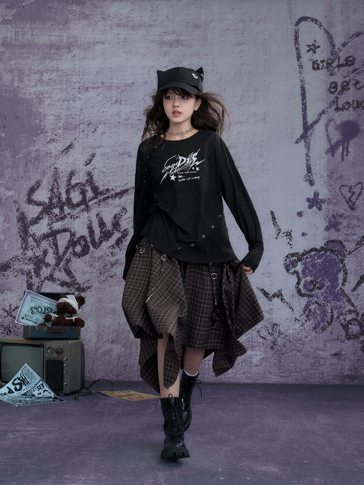 Graphic Open-Knit Panel Long Sleeve Top