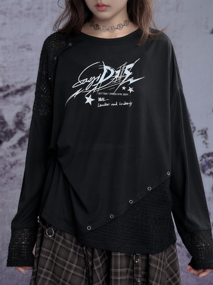 Graphic Open-Knit Panel Long Sleeve Top