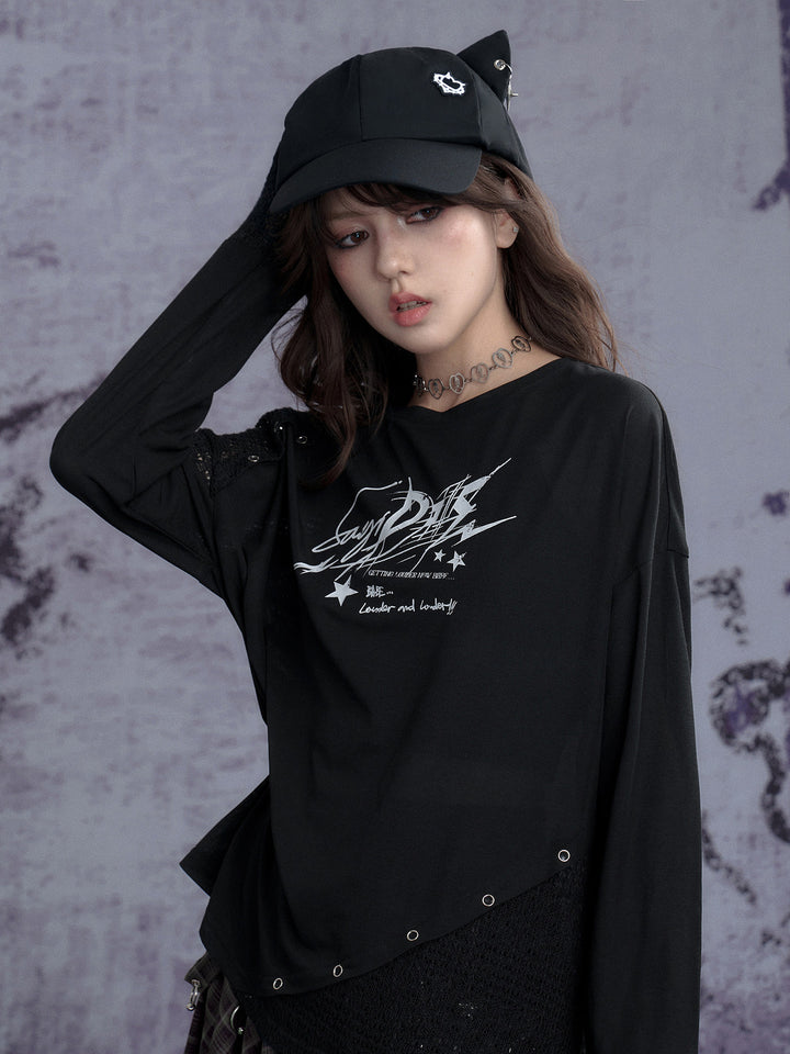 Graphic Open-Knit Panel Long Sleeve Top