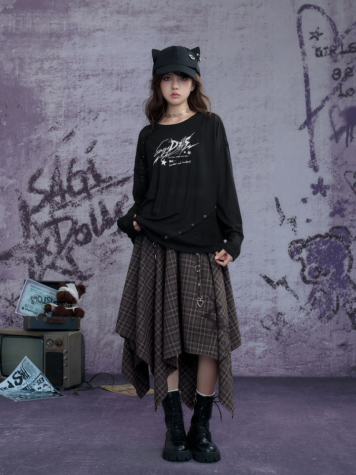 Graphic Open-Knit Panel Long Sleeve Top