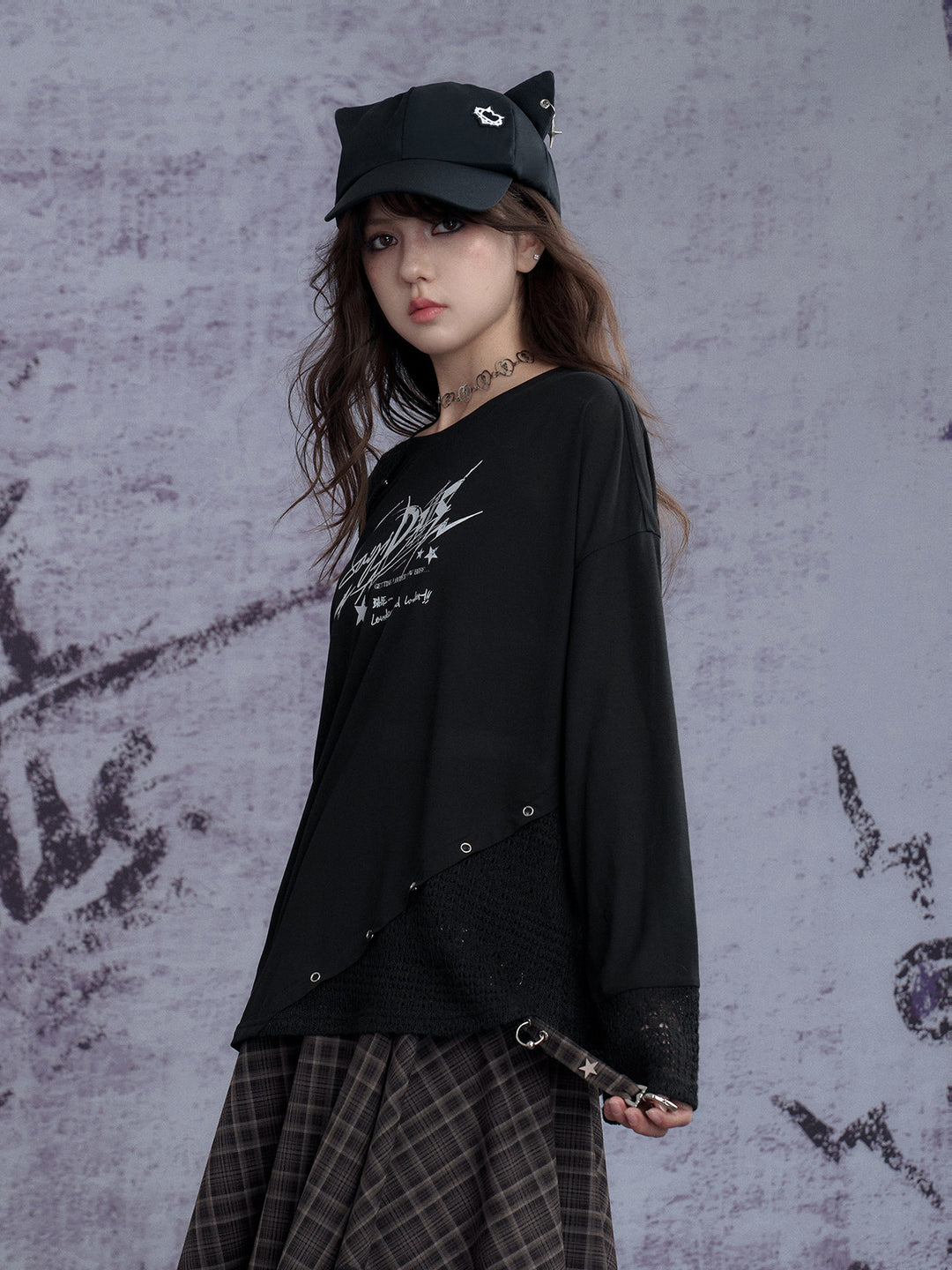 Graphic Open-Knit Panel Long Sleeve Top