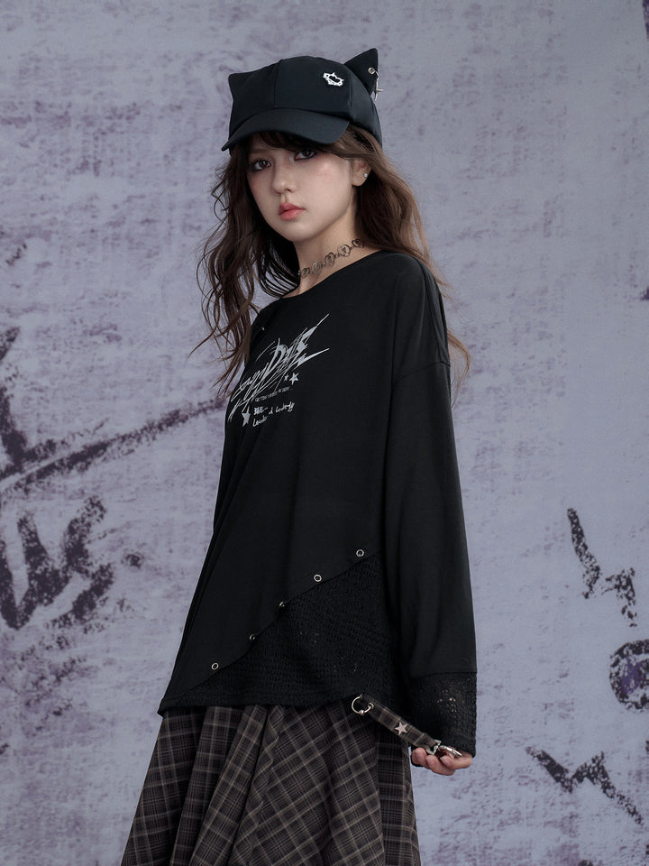 Graphic Open-Knit Panel Long Sleeve Top