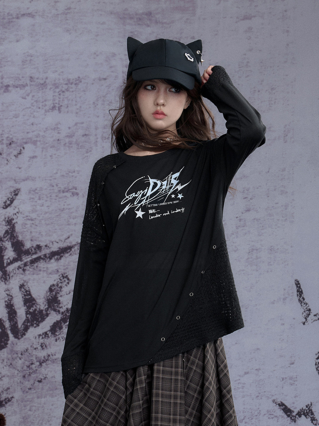 Graphic Open-Knit Panel Long Sleeve Top