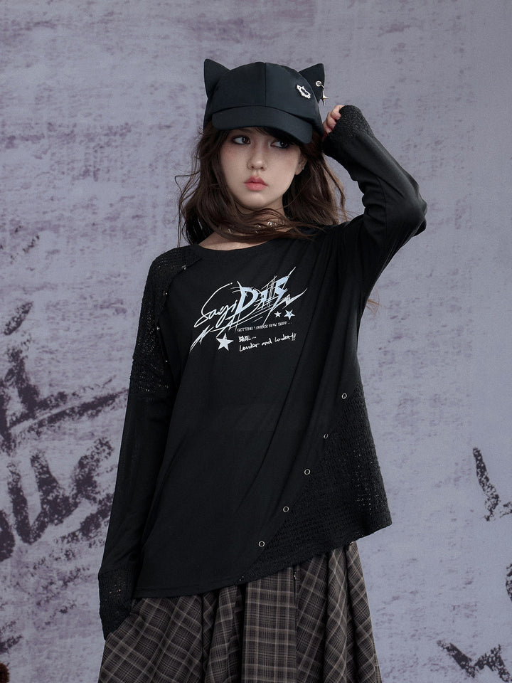 Graphic Open-Knit Panel Long Sleeve Top