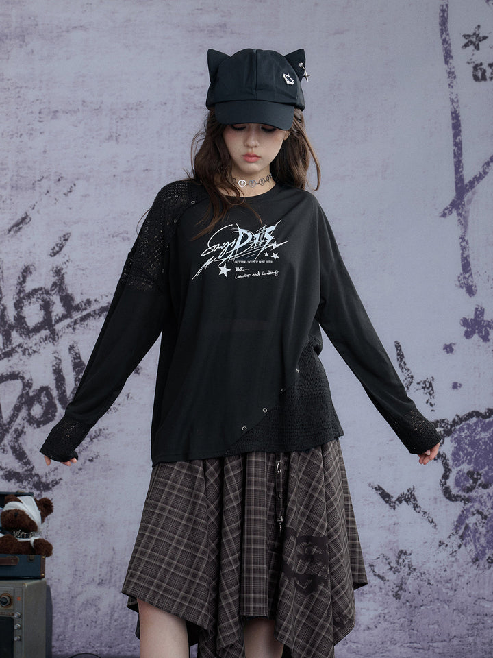 Graphic Open-Knit Panel Long Sleeve Top