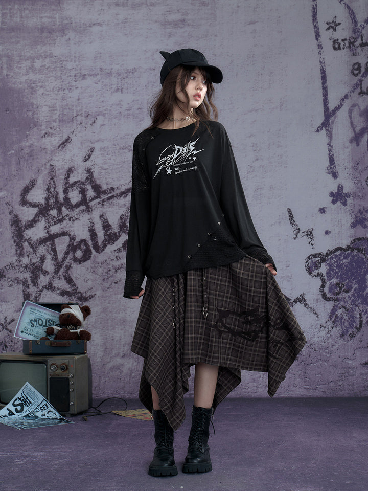 Graphic Open-Knit Panel Long Sleeve Top